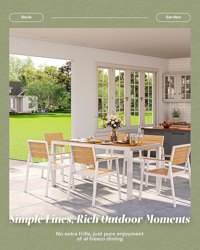Vexwalx 7-Piece Outdoor Dining Set, Aluminum Dining Table Set for 6, Patio Table and Chairs Set with Umbrella Hole, All Weather HDPS Outdoor Table and Chairs for 6 (White-Teak)