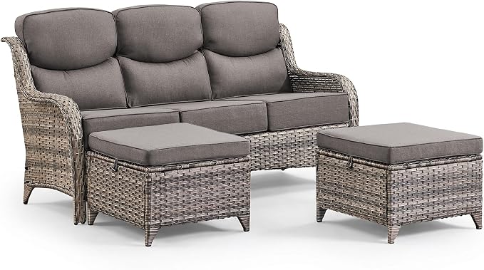 Luxury 3 Pieces Patio Furniture Sets-All Weather Wicker Rattan 3-Seat Sofa Set with Comfy 6" Cushion, Multifunctional Ottomans Patio Conversation Set for Deck Backyard Garden(Grey/Grey)