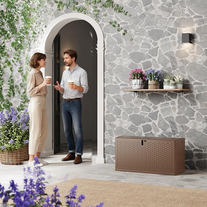 73 Gallon Large Outdoor Storage Box - Waterproof Resin Deck Box with Lockable Lid & Gas Struts, All-Weather Patio Storage Bench for Cushions, Pool Toys, Garden Tools, Rattan Texture, Brown