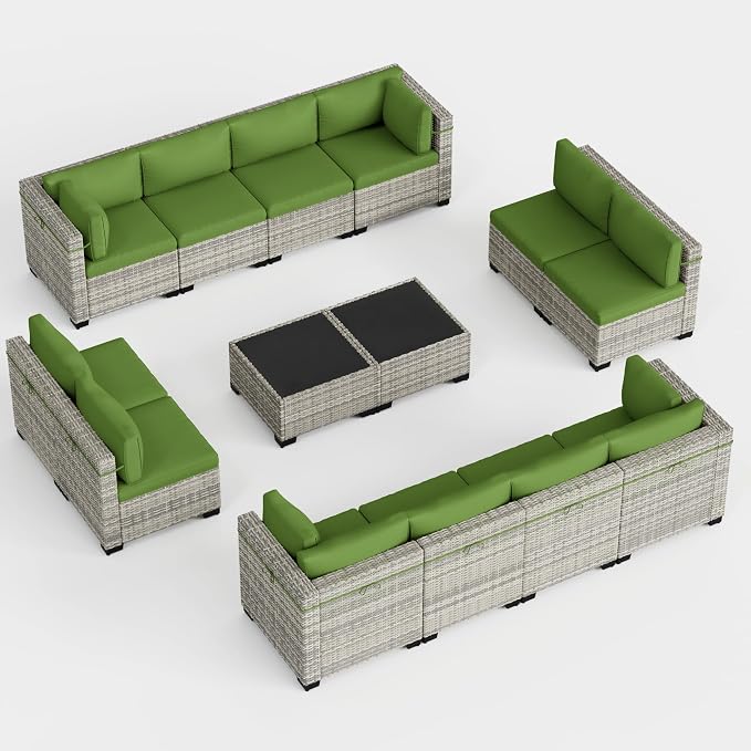 7-Piece Outdoor Patio Furniture Set, PE Wicker Rattan Sectional Sofa Conversation Set with Tempered Glass Table & Thick Cushions - All-Weather Garden, Backyard Furniture, Avocado Green