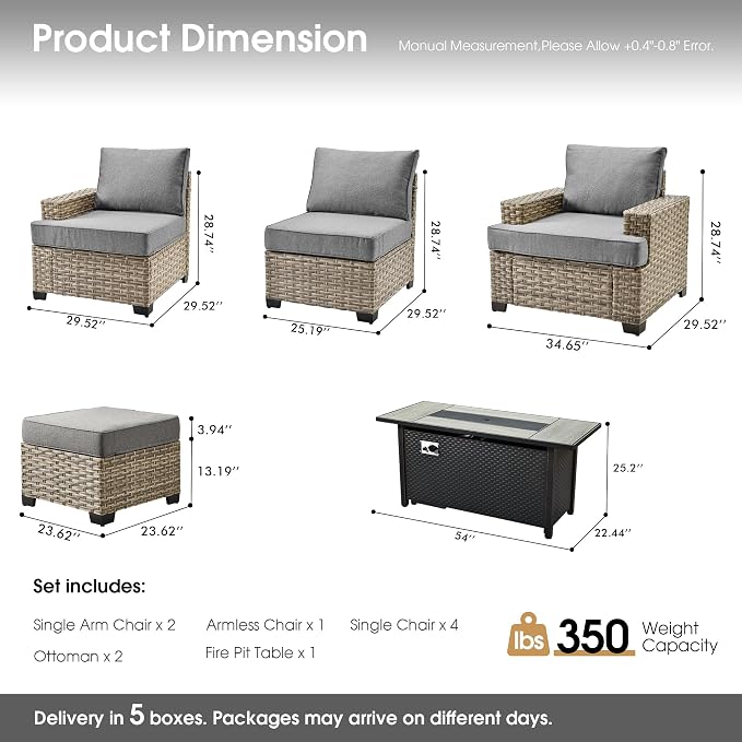 Rattan Patio Furniture Set with Fire Pit,10 Pieces Outdoor Sectional with Single Chair Ottoman,Out Door Furniture Conversation Set,Dark Grey