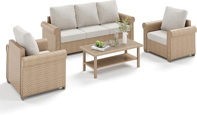 MIXPATIO Patio Furniture Set 4 pcs, Wicker Outdoor Patio Furniture, 3-Seat Sofa, 2 Single Chairs and Coffee Table, Rattan Patio Conversation Set for Backyard Deck, Beige