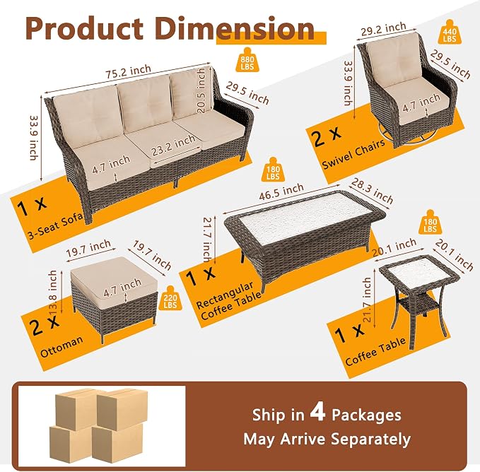 Gotland 7-Pcs Patio Conversation Set, Outdoor Thick Wicker Sectional Sofas with 2 Swivel Rocker Chairs, High Back Sectional Couch, Outdoor Furniture Set for Backyard, Deck, Porch, Khaki