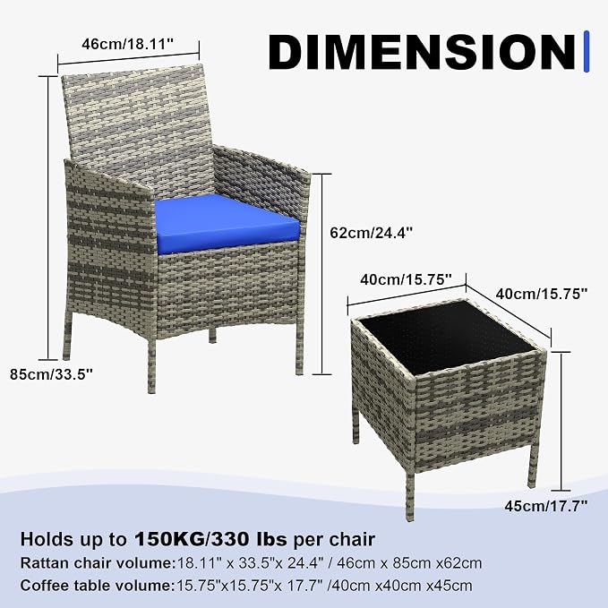 Takywep 3-Piece Outdoor Patio Bistro Set – PE Rattan Wicker Furniture, 2 Chairs, Soft Blue Cushions, Glass Coffee Table, Patio Conversation Set for Backyard, Porch, Apartment – Grey Gradient