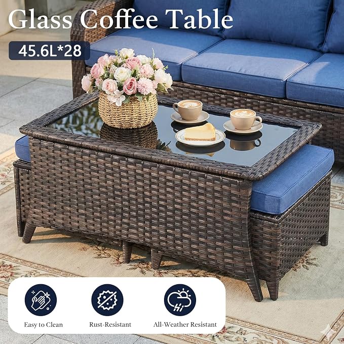 8 Piece High Back Wicker Patio Furniture Set - Patio Conversation Set with 4 Inch Thick Cushions and Deep Seating Swivel Glider Chairs Set of 4 & Outdoor Couch for Porch Deck Yard Pool