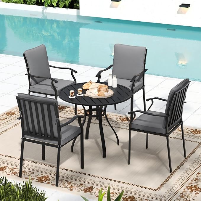 5 Piece Outdoor Patio Dining Set, 36’’ Round Dining Table with Umbrella Hole & 4pcs Metal Dining Chairs, Outdoor Furniture Dining Set for Patio, Balcony, Lawn, Garden, Backyard