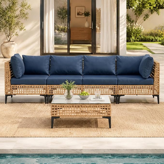 5-Piece Outdoor Wicker Patio Sectional Furniture Set, Dark Blue | 4-Seat, PE rattan, All weather performance, Patio onversation set, for Backyard Porch Poolside Deck