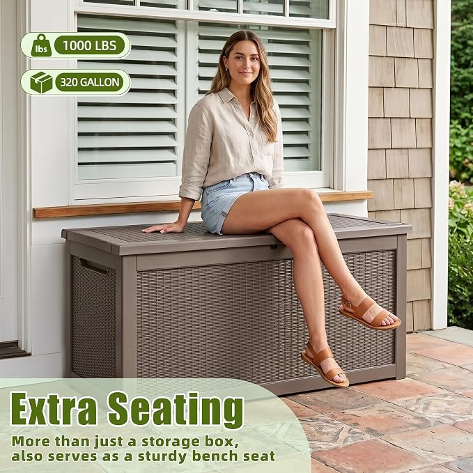 320 Gallon Storage Box, Deck Box, Large Storage Box, Waterproof &Resin with Hydraulic Rods Connected, For Patio, Lawn, Outdoor& Indoor Use Grey