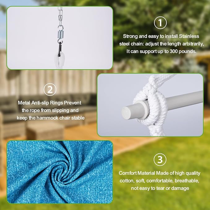 Backyard Expressions Hanging Hammock Chair Swing with Cushions & Hanging Kit – 500 lb Capacity, Cotton Blend Fabric, for Indoor/Outdoor Use – Includes Chain, Hooks & Spring – 5 Colors