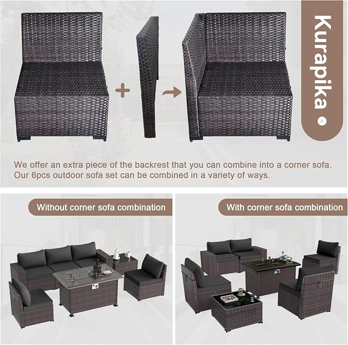 Kurapika 7 Pieces Patio Furniture Set, Rattan Wicker Outdoor Conversation Sets w/43in Propane Fire Pit Table and 4 Inch Cushion(Black)