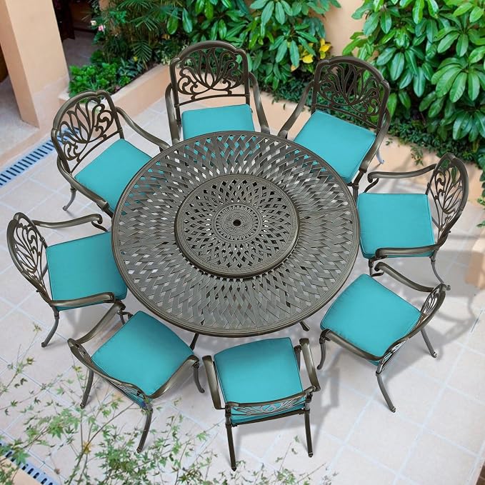 VIVIJASON 9-Piece Patio Furniture Dining Set, Rust-Free Cast Aluminum Outdoor Conversation Set, Include 8 Cushioned Chairs & 61" Round Dining Table with 31" Lazy Susan, Umbrella Hole, Ocean Blue