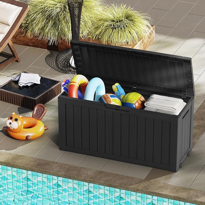 Mars Villa 72 Gallon Deck Box, Outdoor Storage Box Waterproof, Outside Resin Storage Bin for Patio Furniture Cushion, Pool Supply, Garden Tool, UV-Resistant and Weatherproof, with 4 Wheels, Black