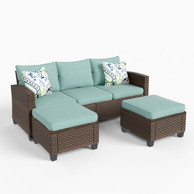 HERA'S HOUSE Small Patio Furniture Set, 3 Pieces Wicker Outdoor Sectional Set, L-Shaped Patio Couch Set, Modular Rattan Conversation Set with Lounge Sofa and Ottomans for Deck Lawn Garden, Blue