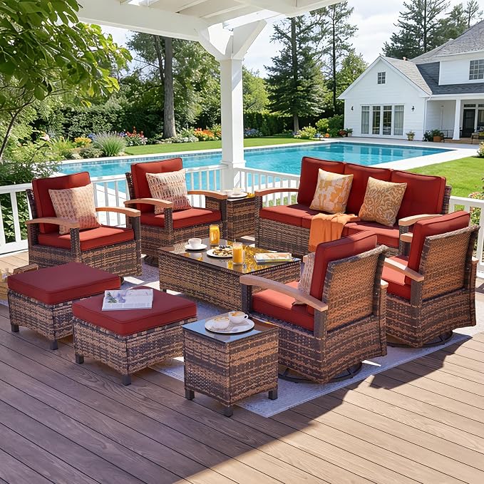 MEISSALIVVE 10 Pieces Patio Furniture Sets,Wicker Patio Conversation Sets with 4 Wood Armrests Swivel Glide Chairs, 2 Ottoman, 3-seat Sofa and Coffee Table (Red)