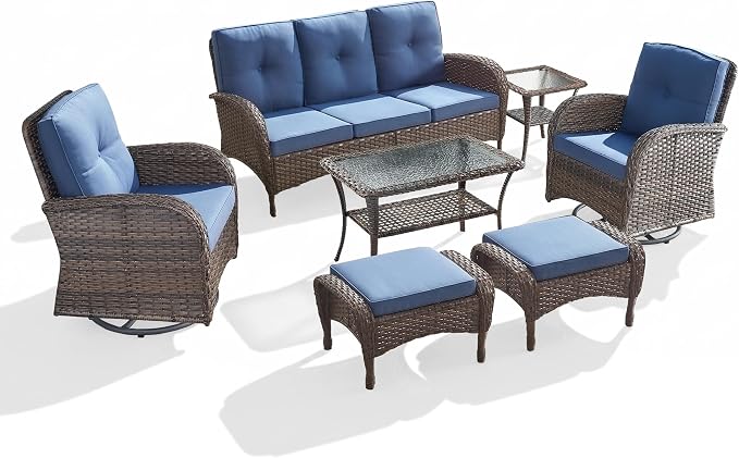 7 Piece Patio Furniture Set - Wicker Patio Conversation Set with Swivel Glider, 3 Seat Sofa, 2 Ottomans, Glass Side Table and Coffee Table for Deck Backyard - Brown Wicker Blue Cushion