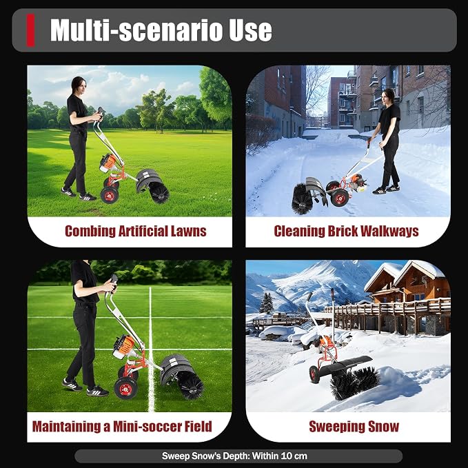 Gasoline Power Sweeper, 52CC 2-Stroke Double Handle Gas Powered Walk Snow Plow with Nylon Brush Sweeping Broom Hand Held Driveway Turf Cleaning for Artificial Grass Power Brush Lawn