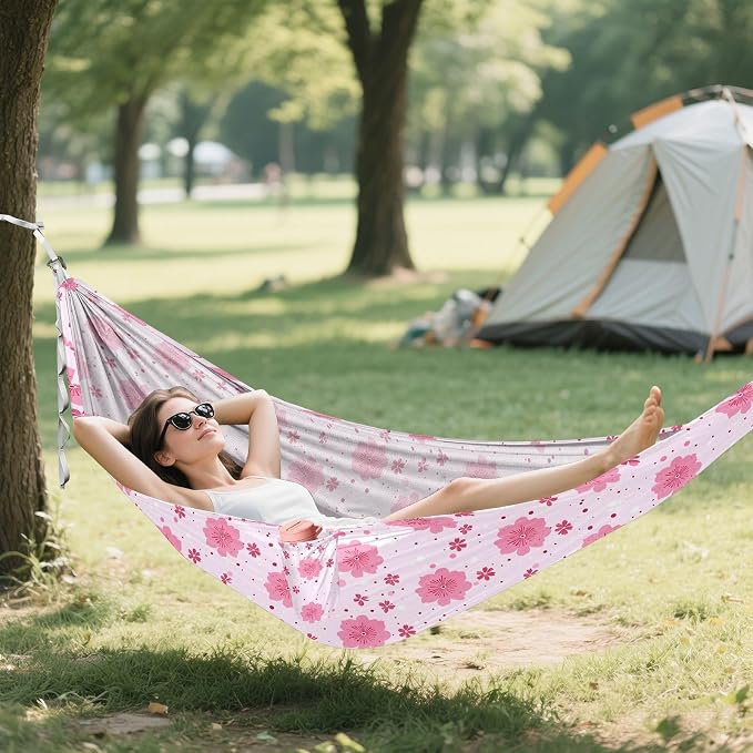 Camping Hammock Outdoor Hammocks for Outside Cherry Blossoms Cute Beach Trees Portable Lightweight with Pockets Tree Straps Indoor