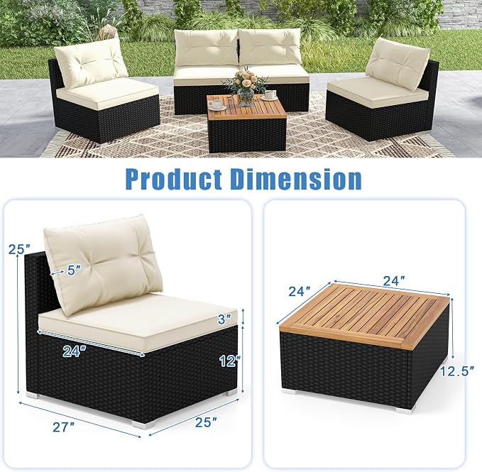 HAPPYGRILL 5 Pieces Patio Rattan Sofa Set, Outdoor Furniture Set with Seat & Back Cushions, Square Coffee Table with Acacia Wood Tabletop, Wicker Patio Conversation Set for Backyard, Poolside