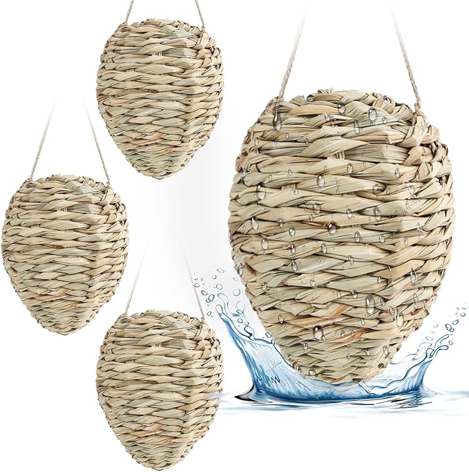 4 Pack Fake Wasp Nest Decoy, Woven Reed Wasp Hornet Decoys, Waterproof Faux Hornets Nest, Outdoor Hanging Decoration for Patio, Garden, Eaves