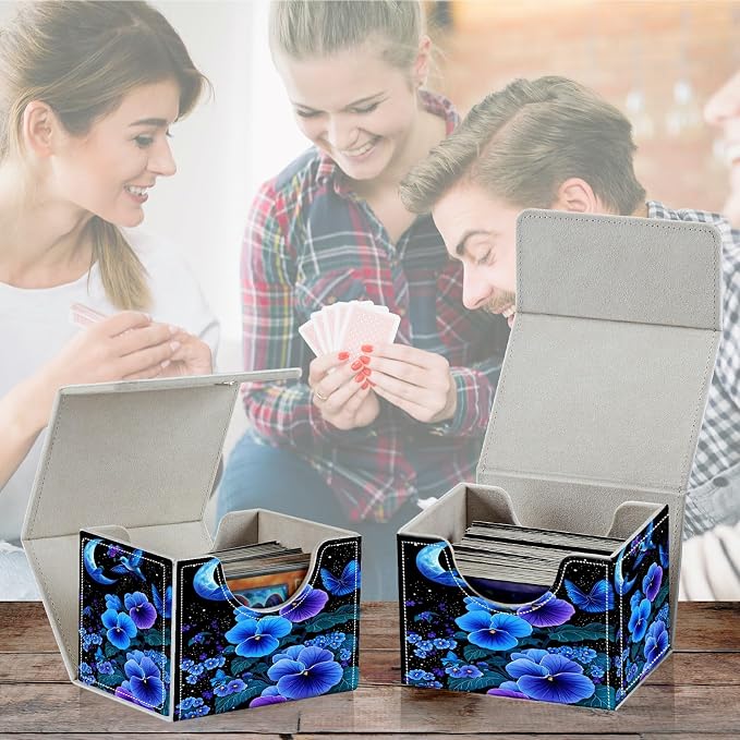 Card Deck Box for MTG, Cards Storage Box Fits 120+ Sleeved, Leather Small Size Strong Magnetic Closing Card Case for Board Games Magic TCG CCG Baseball Collection, Blue Flower Bird