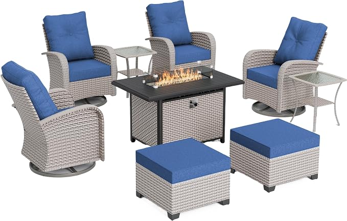 9-Piece Patio Furniture Set, Outdoor Swivel Rocking Chairs Set with 55,000 BTU Fire Pit Table,All Weather Conversation Set for Porch Poolside Balcony