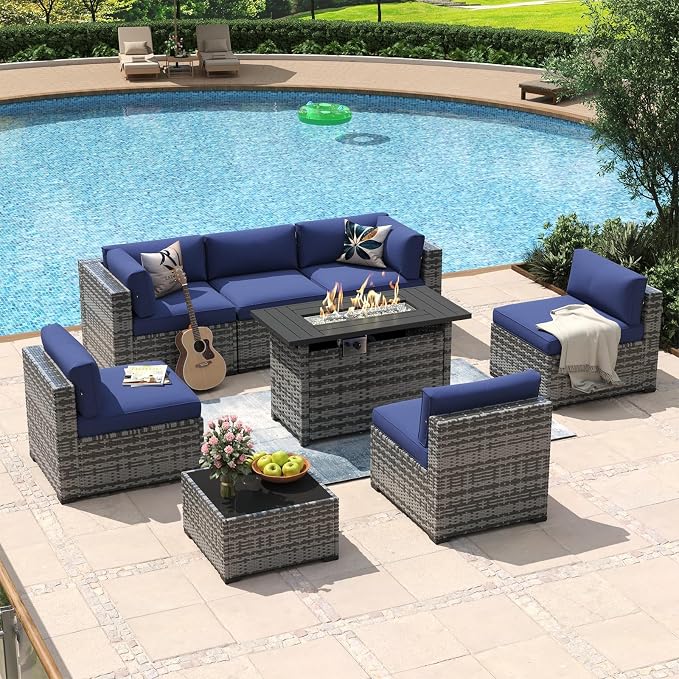 Aoxun 8 Piece Patio Furniture Set with 44” Fire Pit Table Paito Conversation Set Wicker Rattan Outdoor Sectional Sofa Set with Thickened Cushions (Grey/Blue)