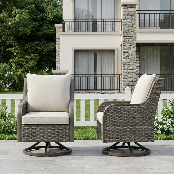 Swivel PE Wicker Chair, Outdoor Patio Chair with 360° Rotation & Water-Resistant Cushion for Porch, Deck, Balcony – All-Weather Handwoven Design (Beige, 2 -PCS)