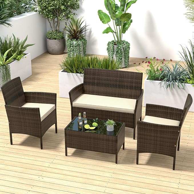 4 Piece Patio Furniture Set, Sectional Conversation Sofa Set with Glass Coffee Table, Cushions & Loveseat, Wicker Outdoor Table and Chairs for Pool, Garden, Deck, Backyard (1, Beige)