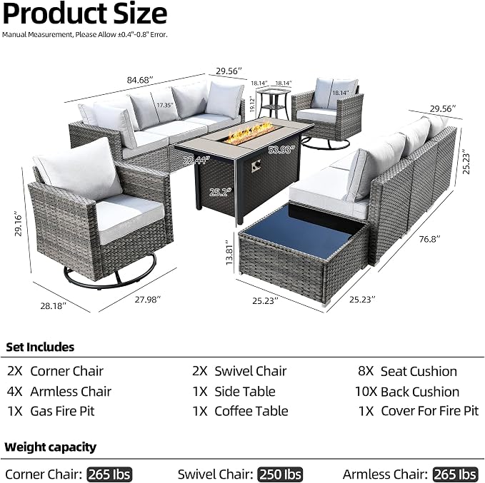 CAODOC 11 Piece Outdoor Patio Furniture Set with 53" Fire Pit Table, Wicker Sectional Conversation Set Whit Swivel Chairs,Modern Outside Sofa for Balcony Backyard(Gray)