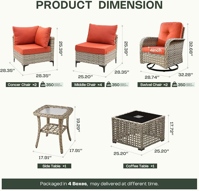 10 Pieces Patio Furniture Set, Outdoor Conversation Set with 360° Swivel Rocker Chairs, Wicker Modular Sectional Sofa & Solar Coffee Table, High Back Outdoor Furniture L Shaped Couch for Porch, Red