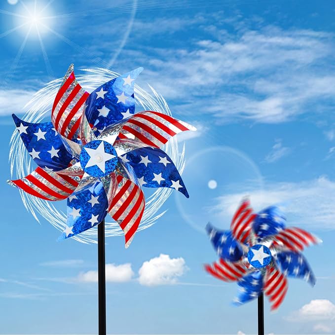 Hausse 10 Pack Reflective Pinwheels Patriotic Decorations (Assembly Required), American Flag Wind Spinner with Stake for Independence Day, Memorial Day July of 4th, Scare Birds Repellent Devices