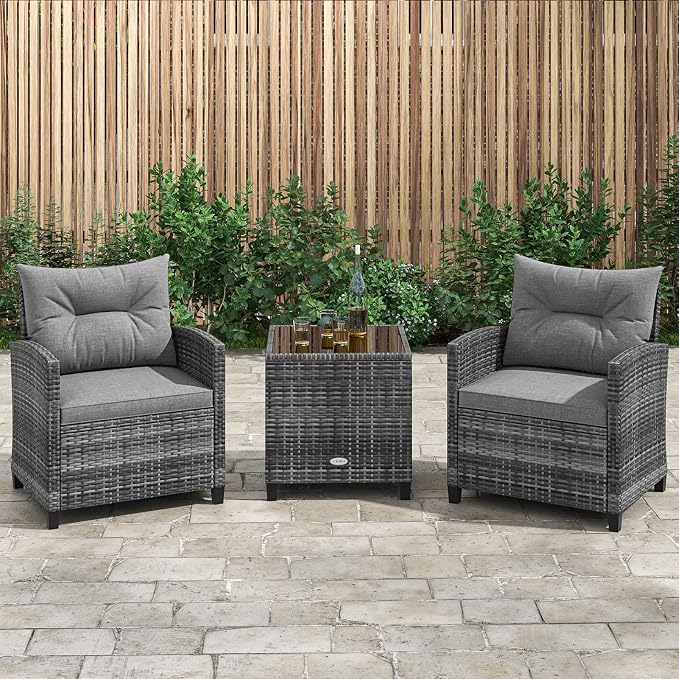KOTEK 3 Piece Patio Furniture Set, Outdoor PE Rattan Conversation Set with Washable Cushions & Tempered Glass Tabletop, Wicker Chairs and Table Set for Porch, Garden, Balcony (Grey)