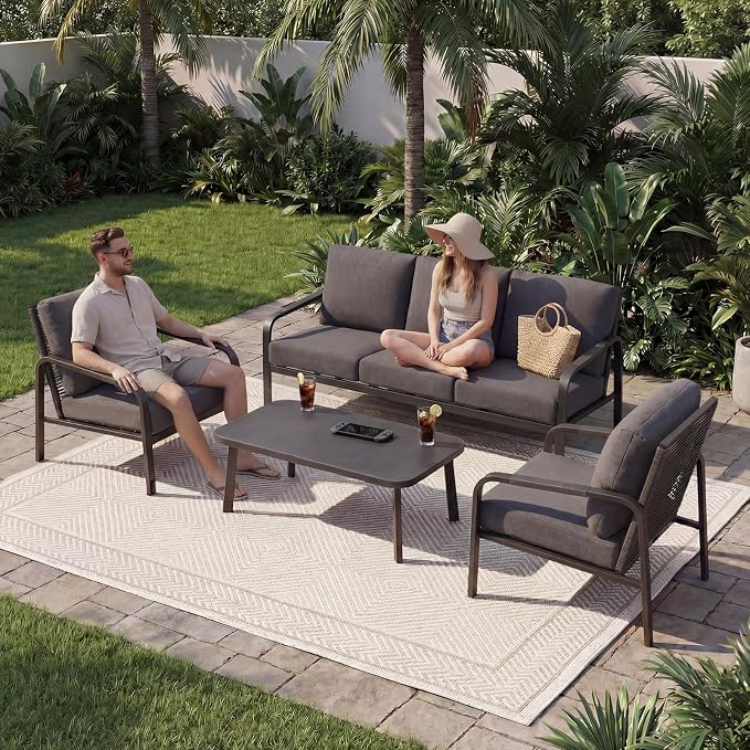 4-Piece Aluminum Outdoor Sofa Set with Coffee Table – 3-Seat Sofa and Rattan-Style Backrests, Perfect for Patio, Balcony, Garden (Grey)