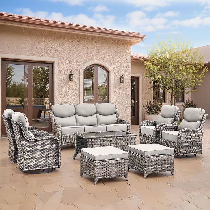 Swivel Patio Chairs Set of 3 with 6" Thick Cushion - Wicker Outdoor Swivel Rocker Patio Chairs with Side Table, High Back Comfortable Outdoor Glider Chair - Grey Wicker | Beige Cushions