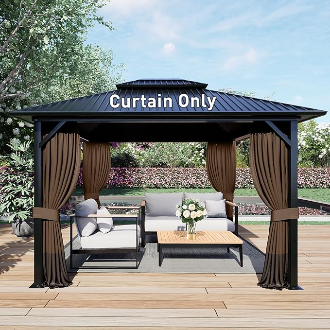 Aoodor 12x16 ft Outdoor Gazebo Curtains, 4 Panels Waterproof Privacy Sidewall Replacement with Zipper for Patio Pergola and Canopy, Brown and Coffee