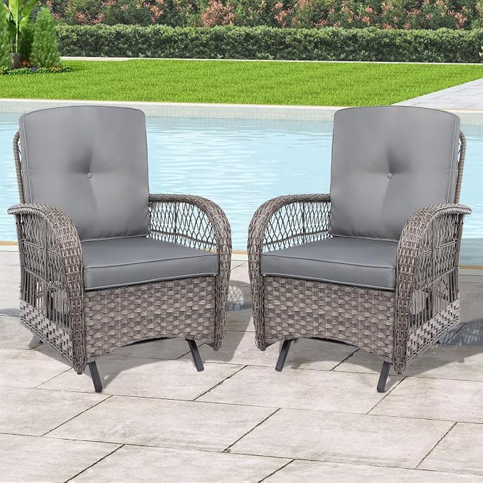 Outdoor Wicker Glider Rocker Chair Set of 2, Patio Rattan Gliding Rocking Chairs with Thickened Cushions, All-Weather Wicker Furniture Sets for Porch Garden & Backyard, Gray