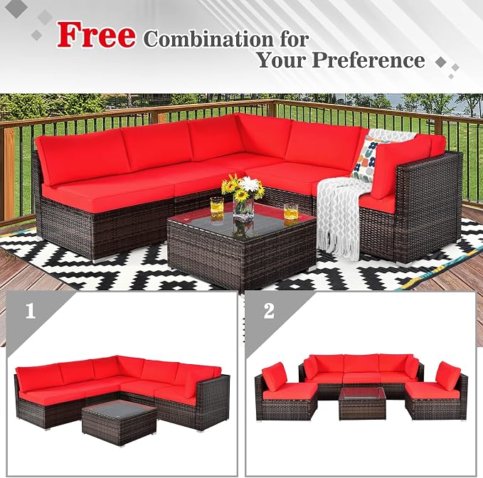 Tangkula 6 Pieces Patio Furniture Set, Outdoor Wicker Conversation Set with Glass Coffee Table, Wicker Sofa Set with Cushions, Rattan Sectional Conversation Set for Backyard Garden Poolside, Red