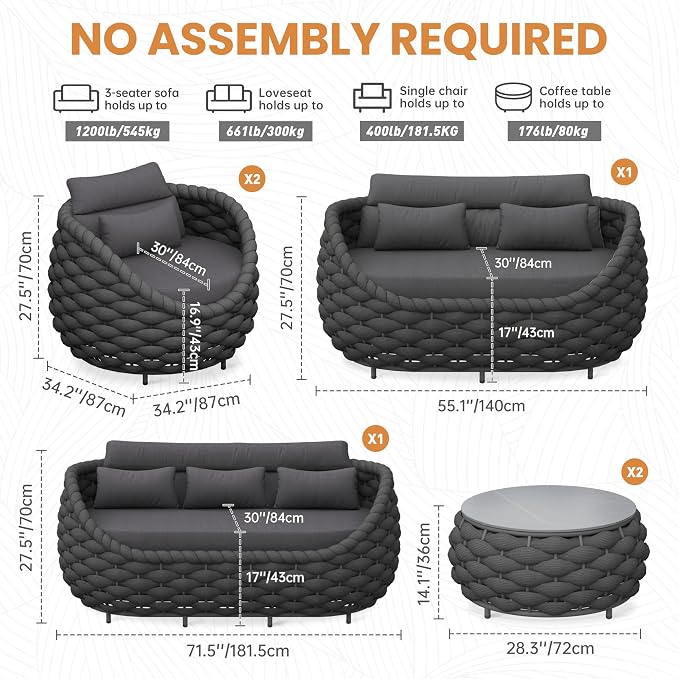 Patio Conversation Deck Furniture Sets: 6-Piece Aluminum Woven Rope Outdoor Sofa Set - Modern Cushions Couch Set - No Assembly Metal Porch Seating for Deck Yard Garden Hotel Resort, Dark Grey