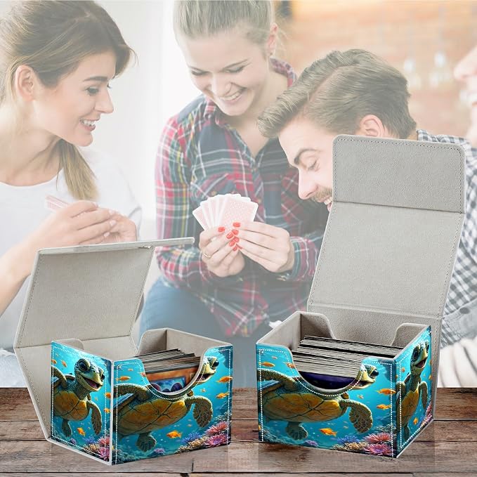 Card Deck Box for MTG, Cards Storage Box Fits 120+ Sleeved, Leather Small Size Strong Magnetic Closing Card Case for Board Games Magic TCG CCG Baseball Collection, Baby Sea Turtle