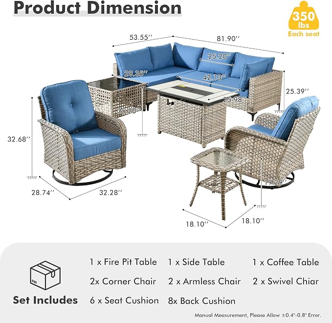 Outdoor Sectional Patio Furniture Set,9 Pieces All Weather Rattan Wicker Conversation Sets with Fire Pit,Out Door Furniture with Swivel Chairs Glowing Coffee Table,Denim Blue