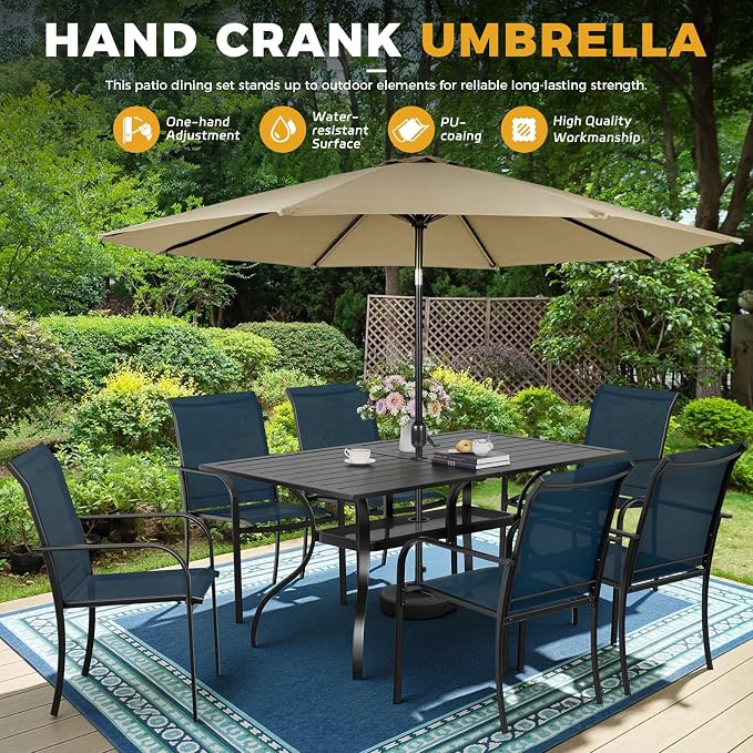 Incbruce 8 Pieces Patio Dining Set with Brown Umbrella, Outdoor Dining Set of 6 Textilene Chairs and Rectangle Table with Umbrella Hole for Backyard, Garden, and Poolside (Blue)