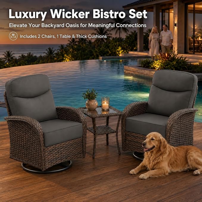 HUMMUH Outdoor Swivel Rocker Patio Conversation Set, 3-Piece, High Back | 6 in seat and back cushions, PE rattan, steel frames, 350 lb chair capacity, for deck, yard, and poolside