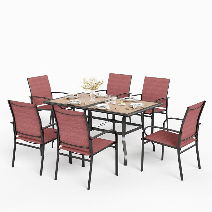 HERA'S HOUSE 7pc Patio Dining Set, Metal Table with PVC Top, Red Chairs | 60" rectangular table with umbrella hole, 6 textilene chairs. Waterproof, rust-resistant, all-weather for yard, porch