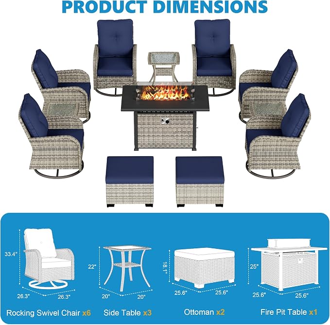 12-Piece Small Patio Furniture Set, Outdoor Swivel Rocking Chairs Set with 55,000 BTU Fire Pit Table Wicker Chairs and Ottomans, Patio Bistro Set for Balcony, Deck, Porch, Navy Blue