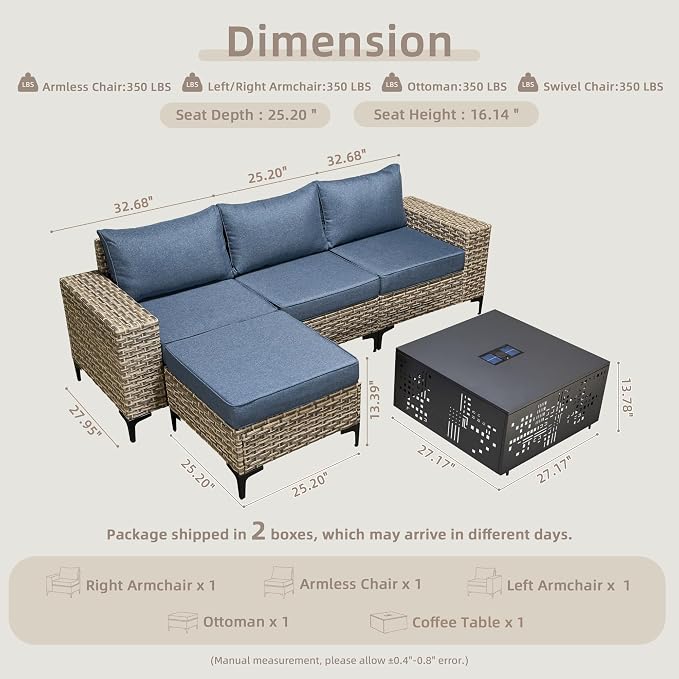CAODOC 5-Piece Patio Furniture Set with L-Shape Sofa Chaise, Outdoor Sectional Couch Solar Table, Modern Modular Wicker Rattan Conversation Set