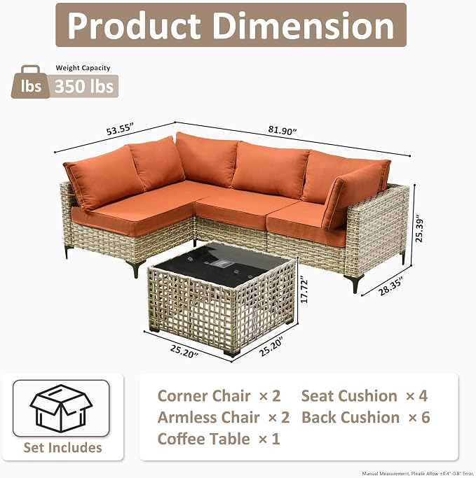 Outdoor Sectional Patio Furniture Set,5 Pieces Rattan Wicker Conversation Sets L Shaped Couch,Outside Furniture with Glowing Coffee Table,Orange