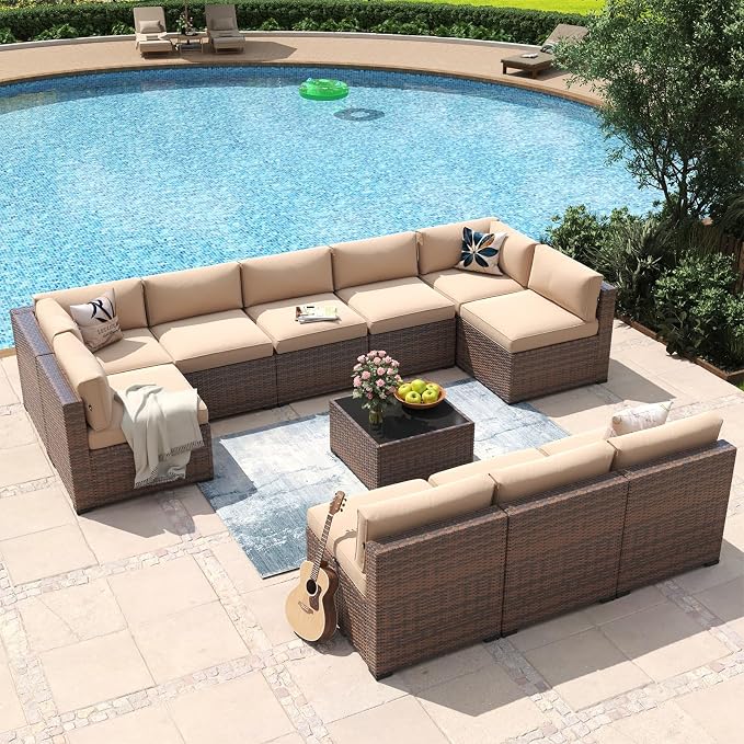 Aoxun 11 Piece Patio Furniture Set Wicker Rattan Patio Conversation Set Outdoor Sectional Sofa Set with Coffee Table and Thickened Cushions, Beige
