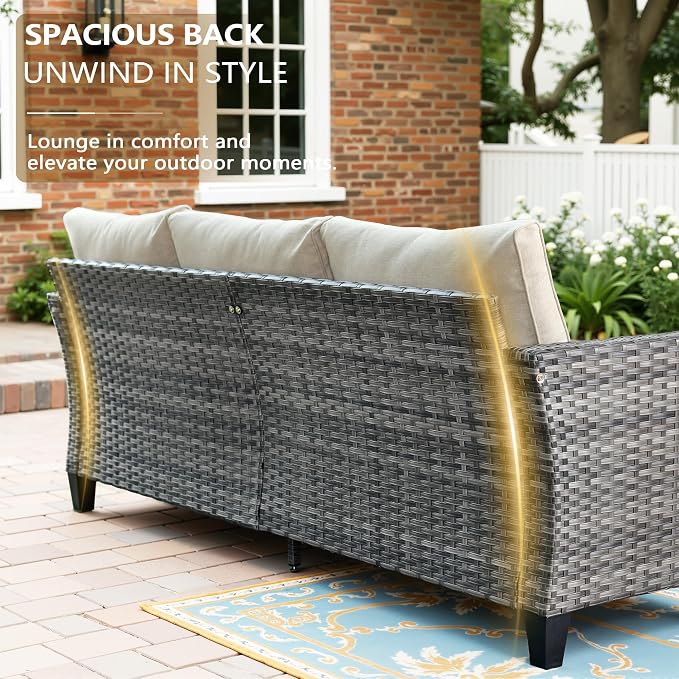 CAODOC 8-Piece Outdoor Wicker Patio Set with 9 Seats, Including 43" Fire Pit - Sectional Sofa and Conversation Set for Backyard or Lawn, Gray Rattan with Waterproof Beige Cushions