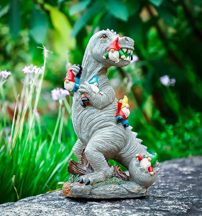 Himaweek Garden Statue Outdoor Decoration, Weatherproof 14” Dinosaur Garden Gnome, Indoor Outdoor Décor Garden Art for Patio Lawn Yard, Gardening Gift for Homeowners
