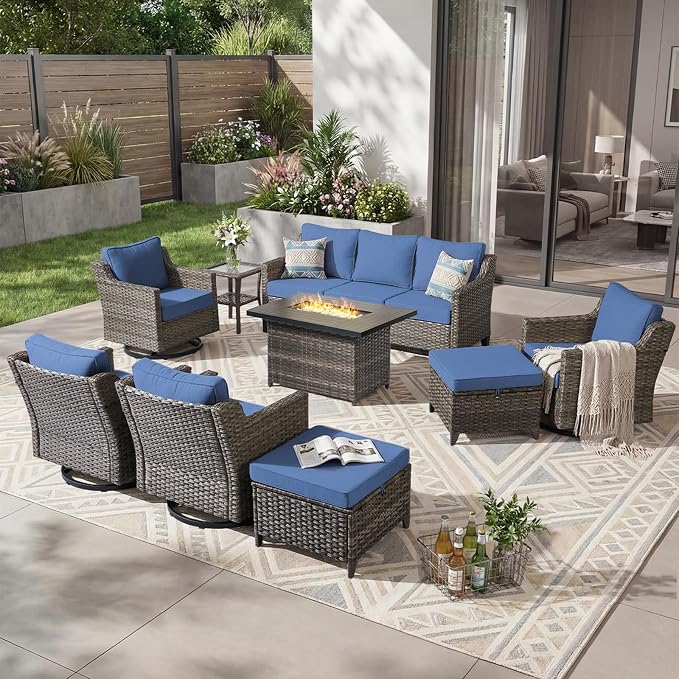 Outdoor Furniture Set of 9, Patio Sofa with Luxury 4" Cushion, Wicker Swivel Rocker Patio Chairs, and Fire Pit Table Table, High Back&Deep Seat for Garden Deck Porch Balcony Backyard - Blue